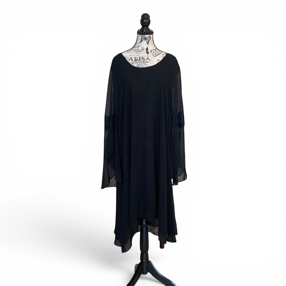 Estelle‎ Shift Dress Womens 2X Black Lace Sheer Bell Sleeve High Low Witchy NWT